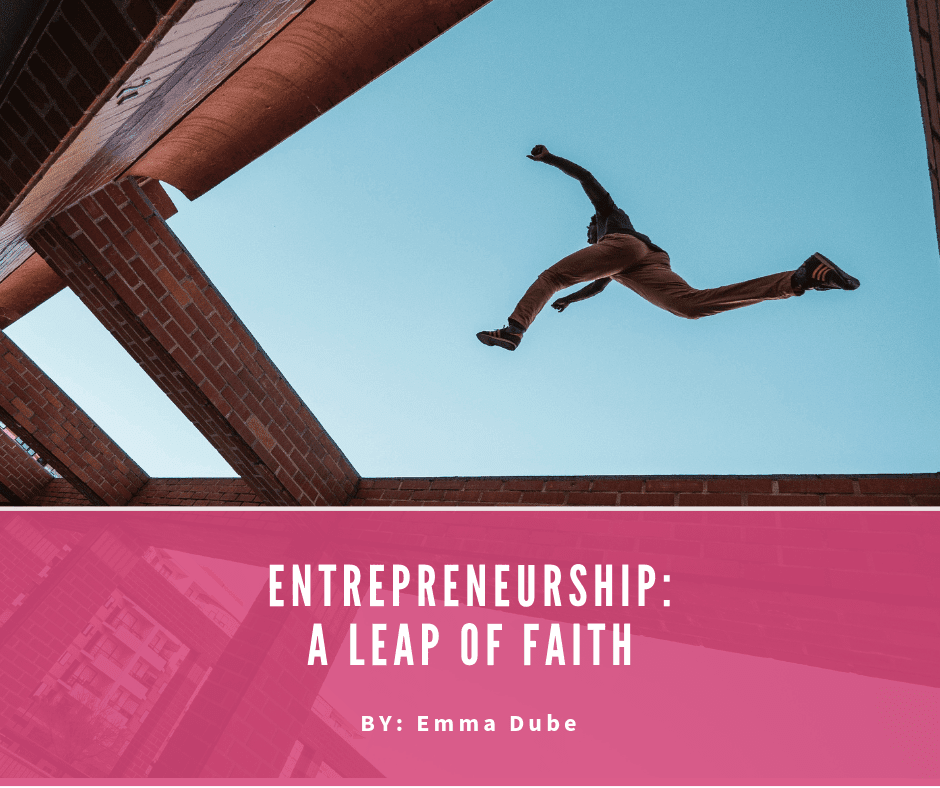 Man jumping between building supports. The image reads Entrepreneurship: A Leap of Faith